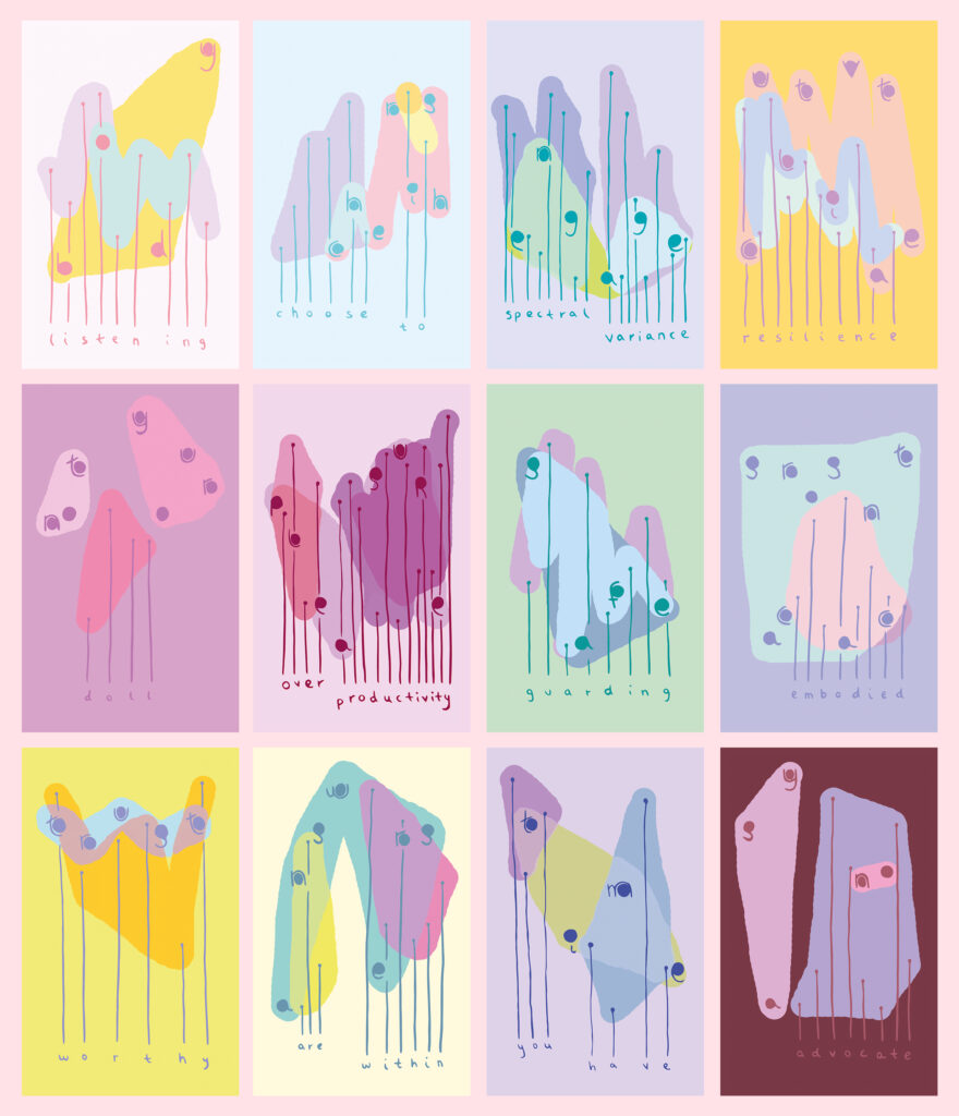 A handful of cards from Alexa Dexa's Sacrosanct Oracle//Composition Deck are neatly lined up in 3 rows of 4 cards, each with soft and amorphous pastel rainbow shapes and lines. Resources shared by these cards include body listening, choose to cherish, engage spectral variance, not your doll, pleasure over productivity, and sacrosanct embodied.