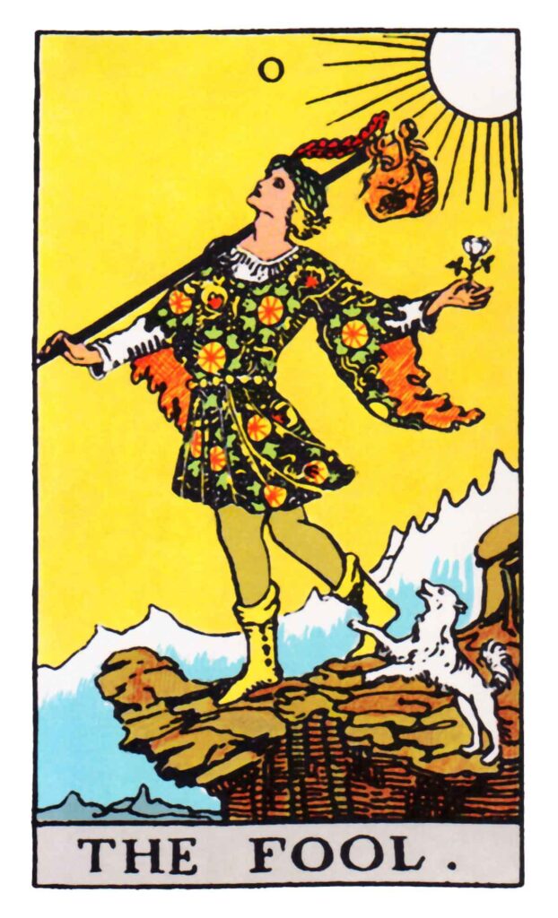 A Tarot Card is shown featuring a young male looking upward on a cliff. He is facing away from the Sun and is followed by a small puppy at his heels. In one hand he hols a white flower and in the other he holds a stick with a folded quilt that holds unknown possessions. He is wearing a floral outfit and is mere steps away from the edge of the cliff.